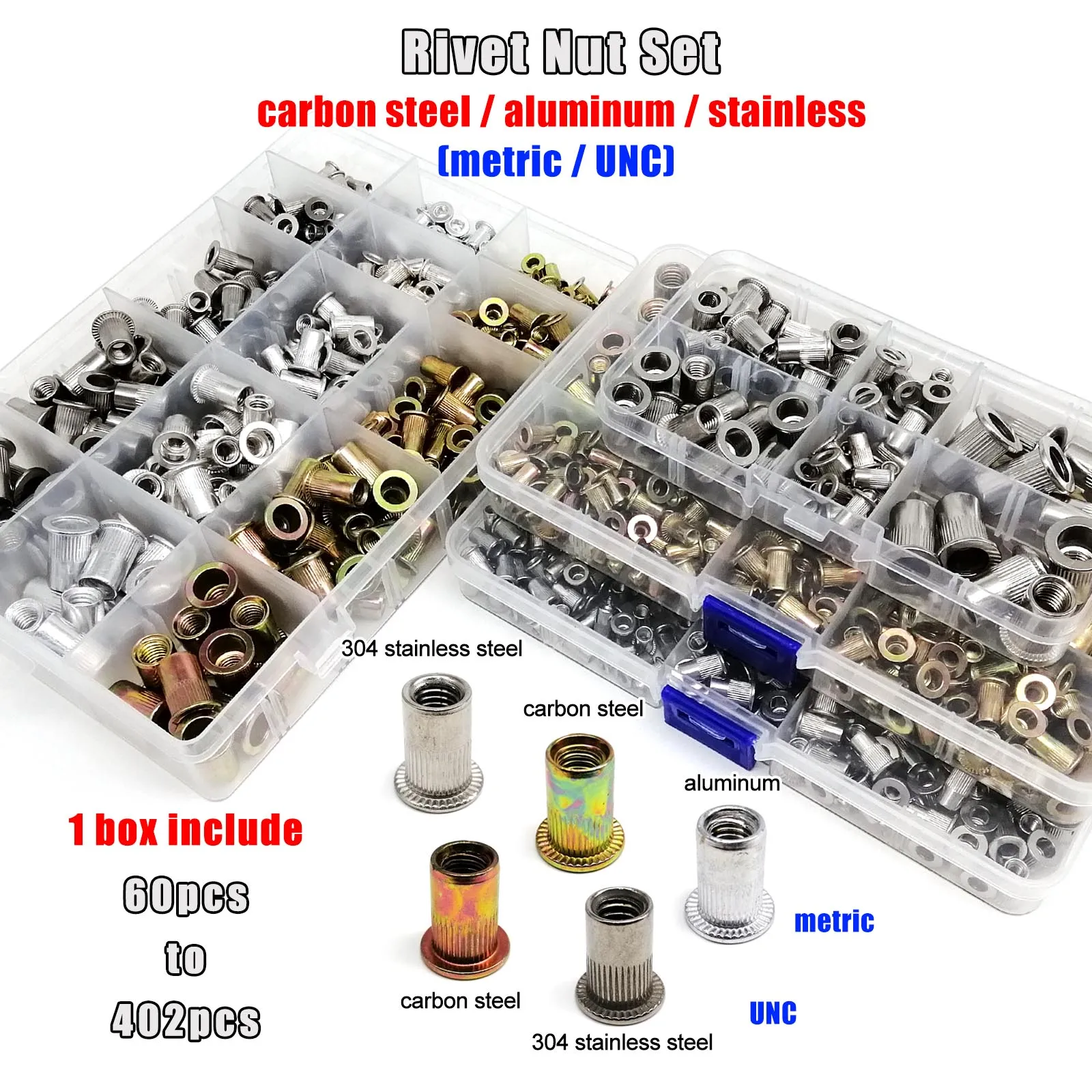 1 Box M3 M4 M5 M6 M8 US Coarse Thread UNC 304 A2-70 Stainless Steel Carbon Steel Aluminum Flat Head Rivet Nut Rivnut Set Kit
