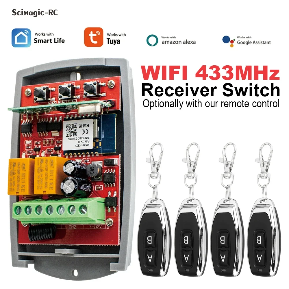 Tuya Universal Smart Wifi Receiver 2CH 12V 24V 220V Garage Door Remote Control Opener Controller 433/433.92 Mhz Transmitter