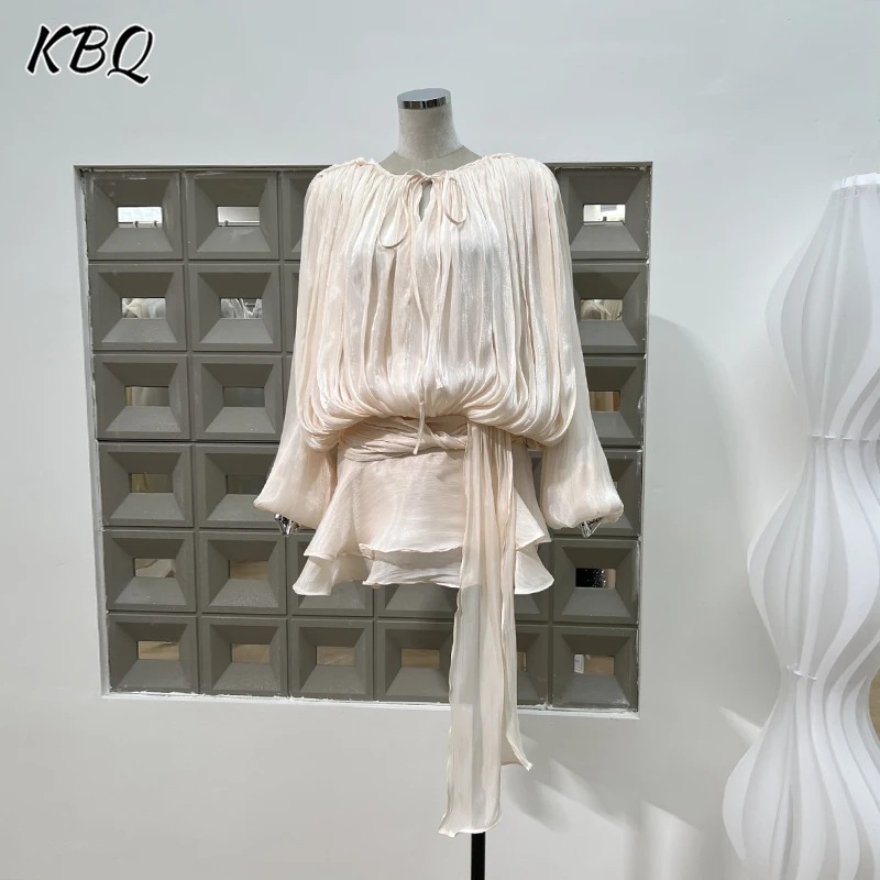 KBQ Solid Patchwork Lace Up Loose Dresses For Women