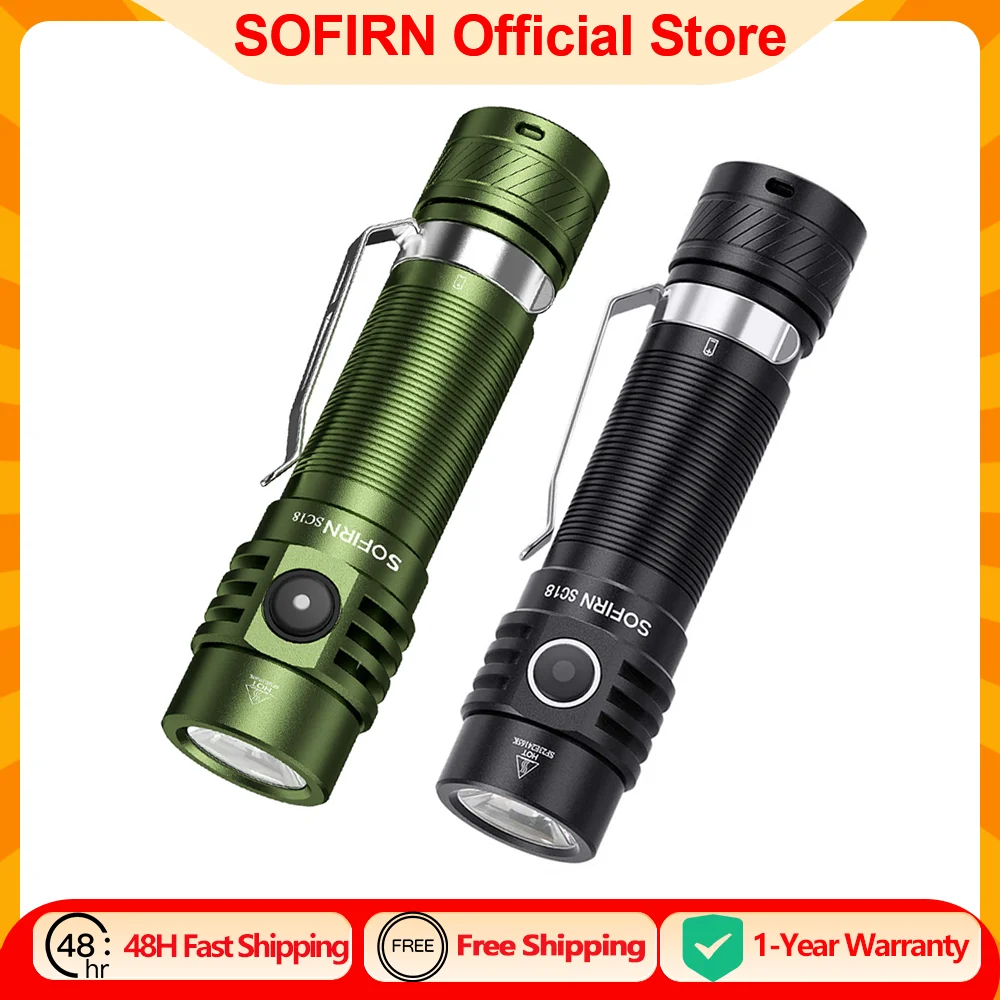 Sofirn SC18 1800lm EDC Flashlight USB C Rechargeable SST40 LED 18650 Torch TIR Optics Lens Lantern with Power Indicator